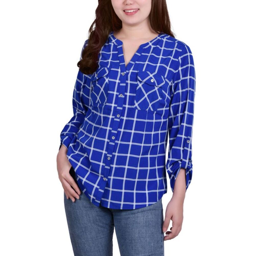 NY Collection Petite 3/4 Sleeve Roll Tab Y Neck Blouse